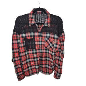 Miss Me Red Black Flannel with Black Crochet Womens Size Medium Soft Warm